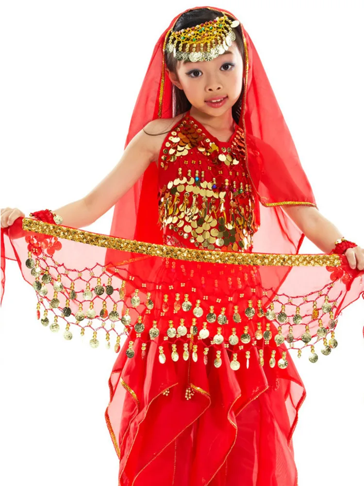 Sequins Oriental Dancing Halloween Costume Children\'s Belly Hip Scarf Performance Jazz Tassels Girl Fantasia Latin Clothes Arab