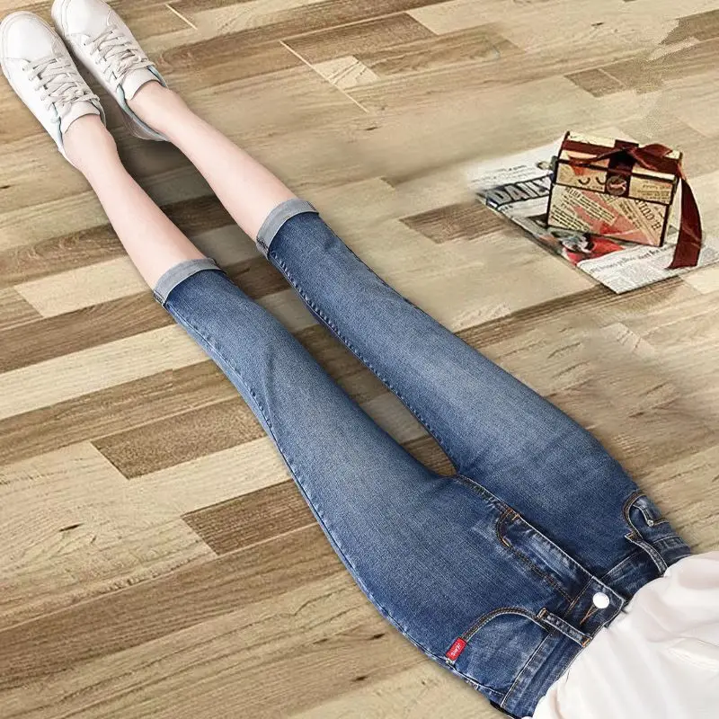 

2024 Summer New Women's Calf-lenghth Jeans Summer Thin High-waisted Loose Elastic Slim Fit Middle-length Jeans with Belt Flap