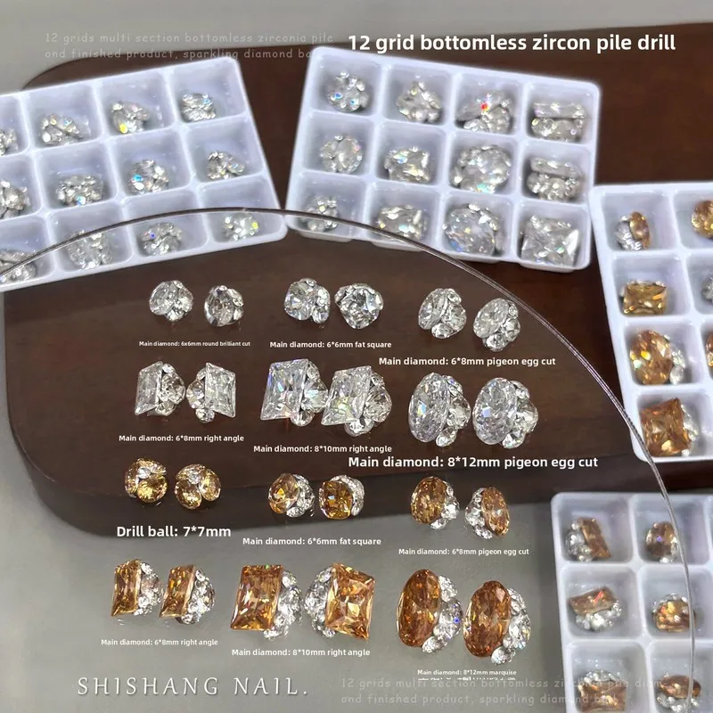 LYLE 12 Grid Flatback Zircon Stack Rhinestones Nail Art Charm Set White Chunky Square Pigeon Egg 3D Angled Champagne Balls Decor
