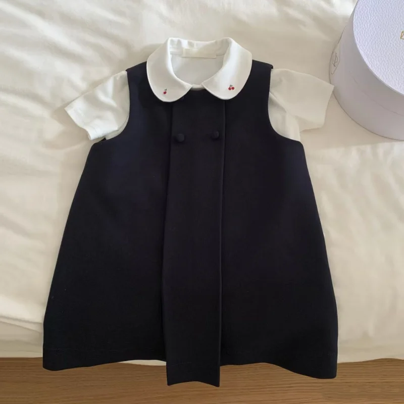

Girls Suit2026New children's short-sleeve shirt, college-style top, vest dress, doll collar two-piece set