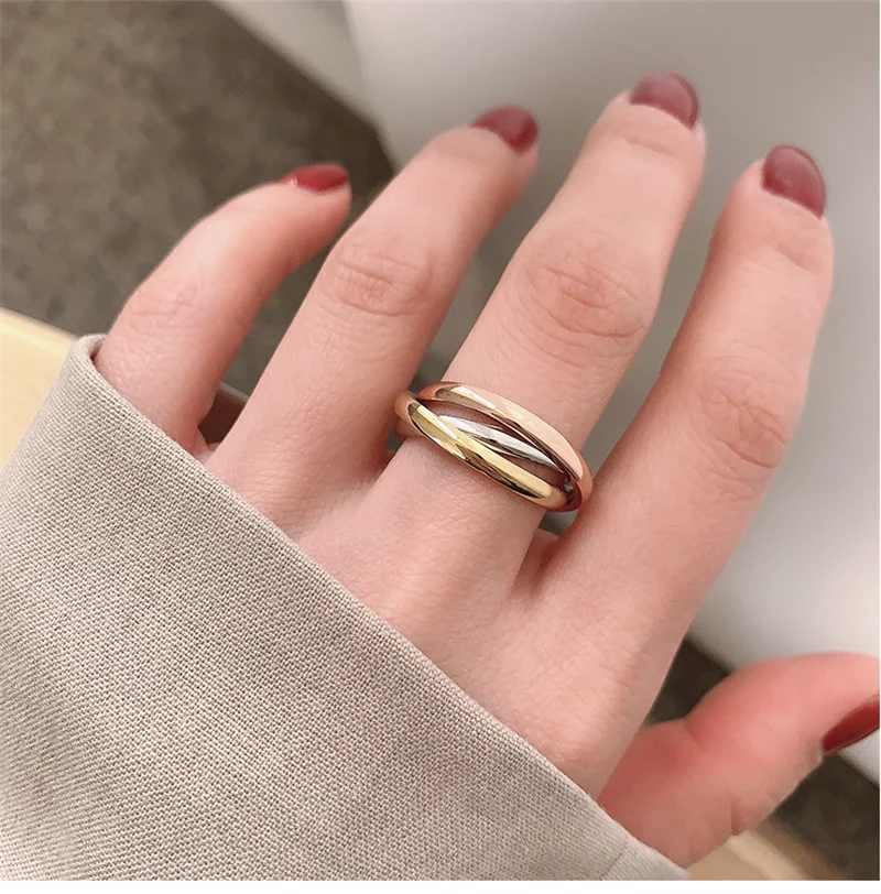 Classic Gold Color Triple Rolling Ring Three In One Sets Stainless Steel Wedding Engagement Female Interlocked Stackable Ring