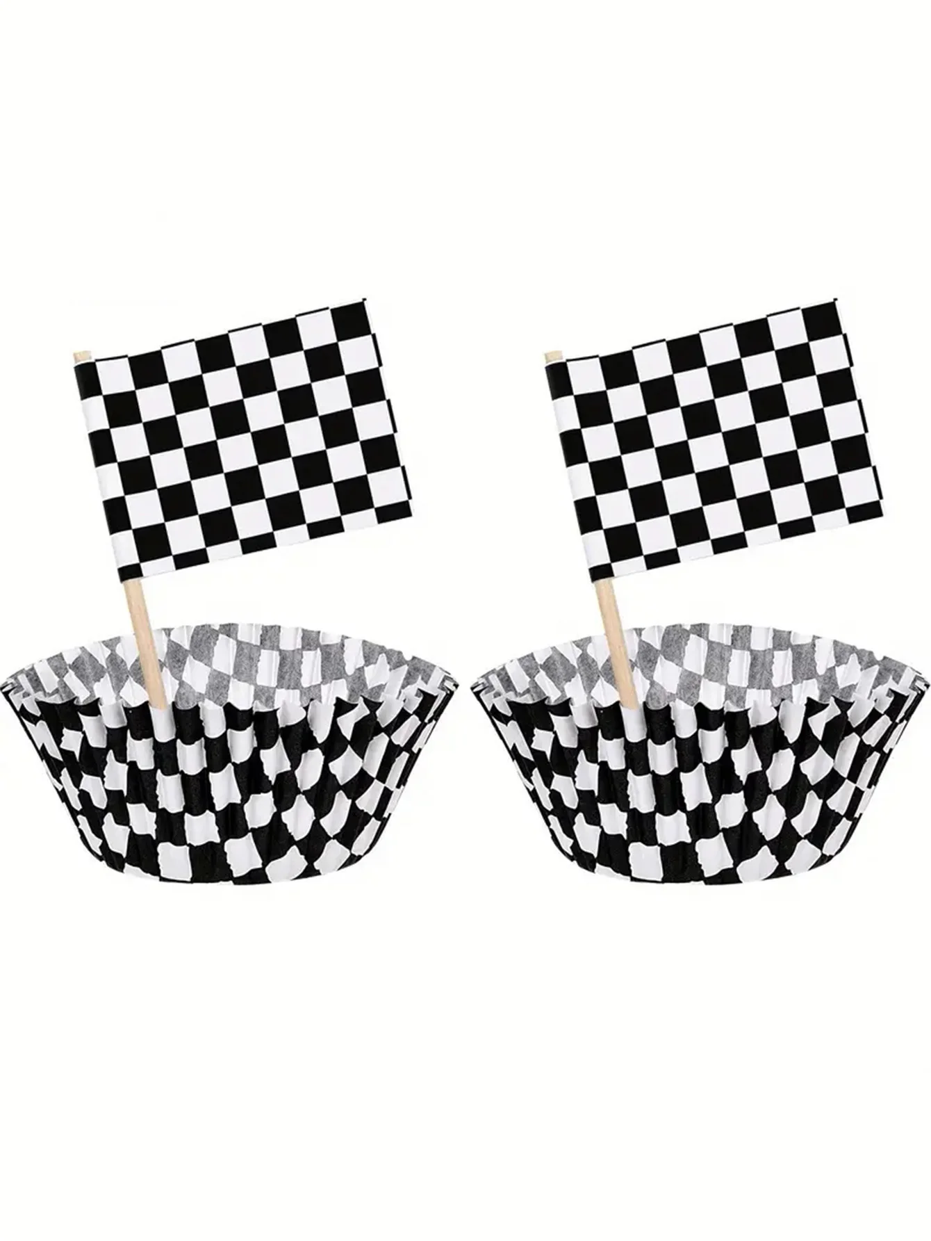 25pcs Cupcake Liners+25pcs Flags High Quality Race-themed Cake Cups Cupcake Liners, Black And White Checkered Cupcake liners