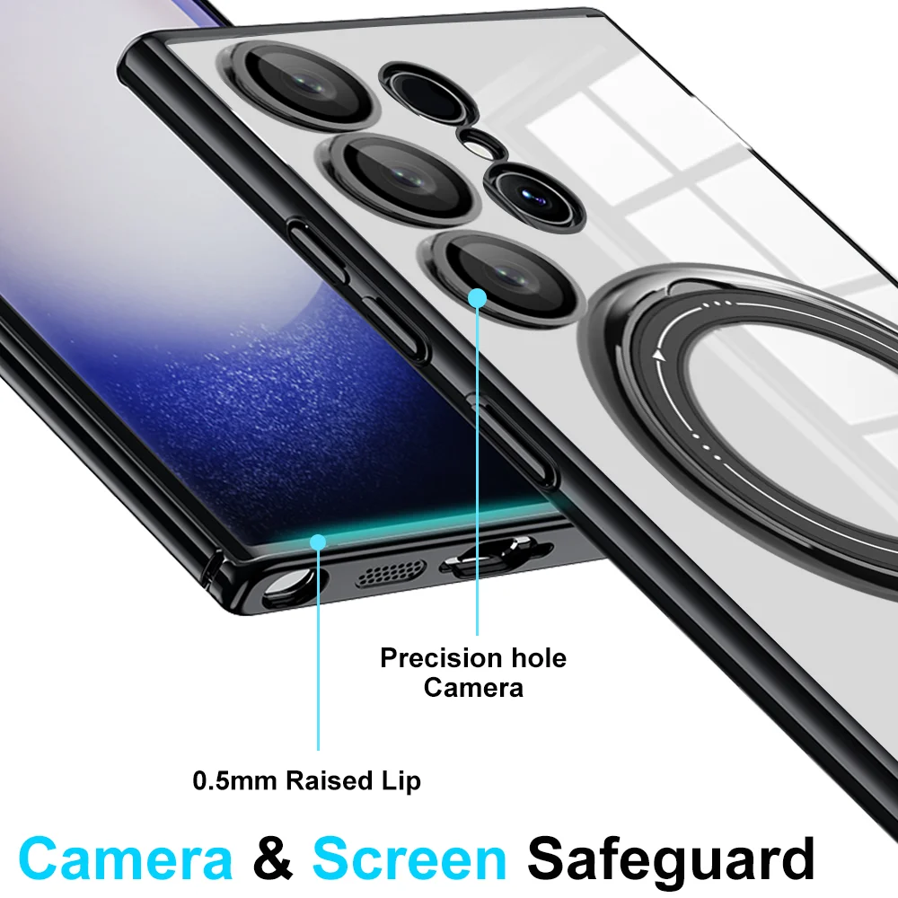 Plating Transparent Case For MagSafe Samsung Galaxy S24 Ultra S23 Plus S22 Ultra S23 FE Ring Stand Camera Protector Phone Cover
