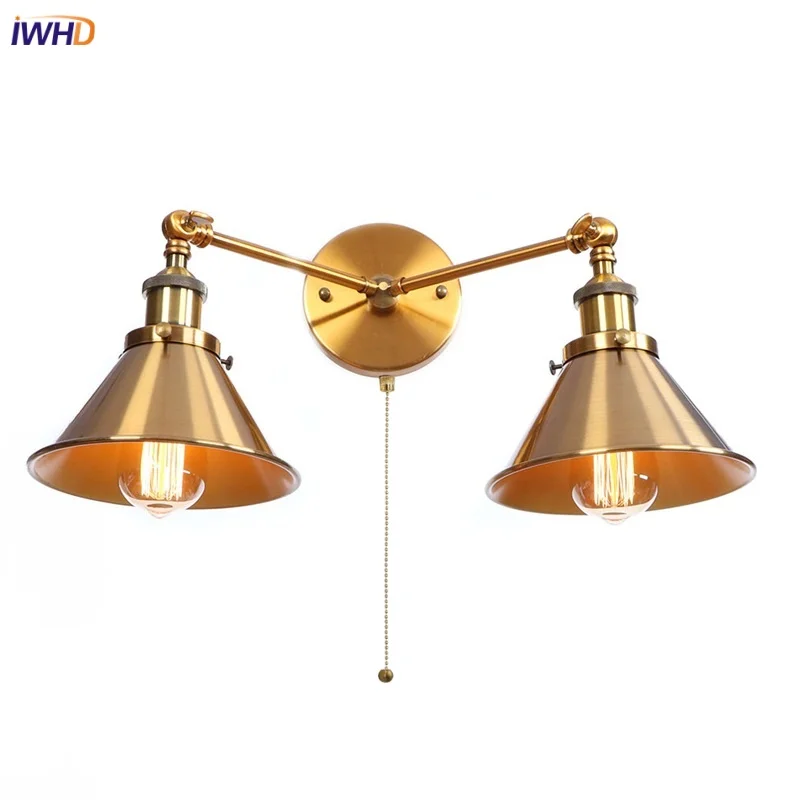 

IWHD Industrial Vintage LED Wall Light Home Decor Restaurant Aisle Bedside Lamp 2 Heads Gold Loft Iron Simple Lamparas De Pared