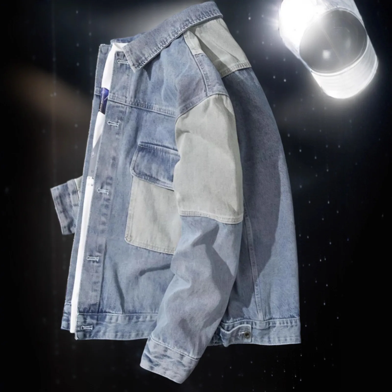 American Style Spliced Denim Shirt Jacket Men's Autumn Winter Loose Workwear Jacket Contrast Color Youthful Style Long Sleeve