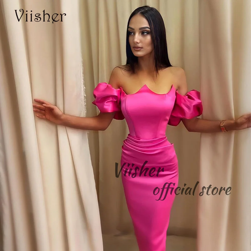 

Viisher Pink Satin Mermaid Evening Dresses Strapless Puff Sleeve Prom Party Dress Pleats Tight Long Celebrate Event Gowns