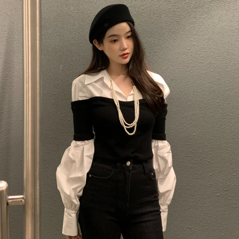 

Slim Fit Long Sve irt Women's French Sle Chic Early Spring Small Cro Collar Color Blo Fake Two-Piece Design irt