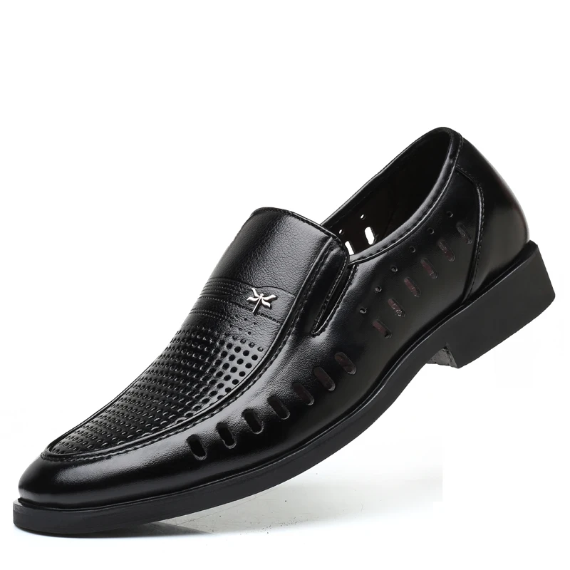 Men's Casual Leather Shoes, Soft Sole Breathable Business Leather Sandals, Low Heel Hollow Out Dress Sandals Summer Sandals, 208