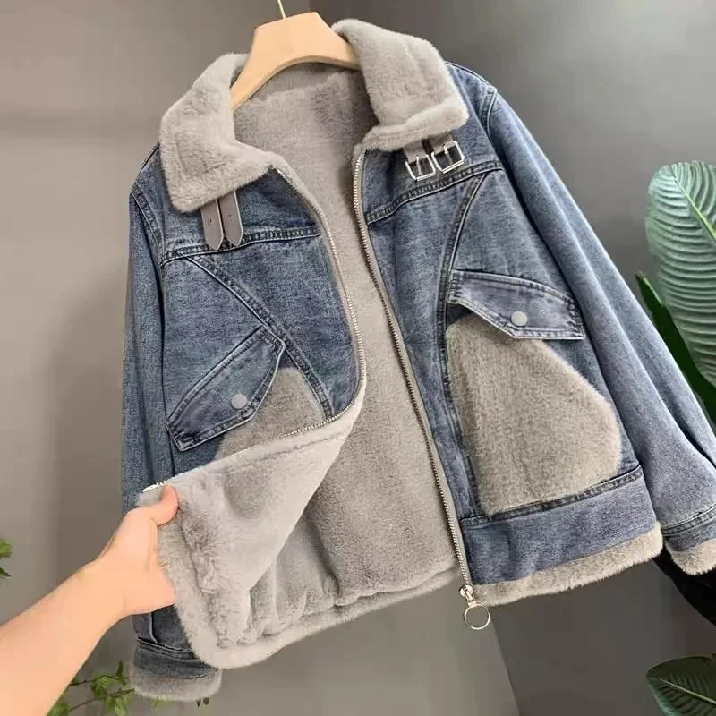 Faux Mink Velvet Stitching Denim Jacket Women's Fleece-padded Jackets Loose Jean Coats Lady Casual Warm Outerwear Autumn Winter