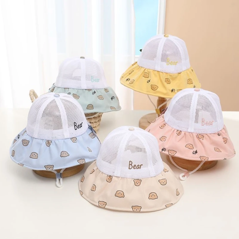 

Cute Bear Printed Cotton Baby Hat Outdoor Wide Brim Mesh Baby Sun Hat for 2-6Y Boys Girls Travel Sun Protection Bonnet Beach Cap