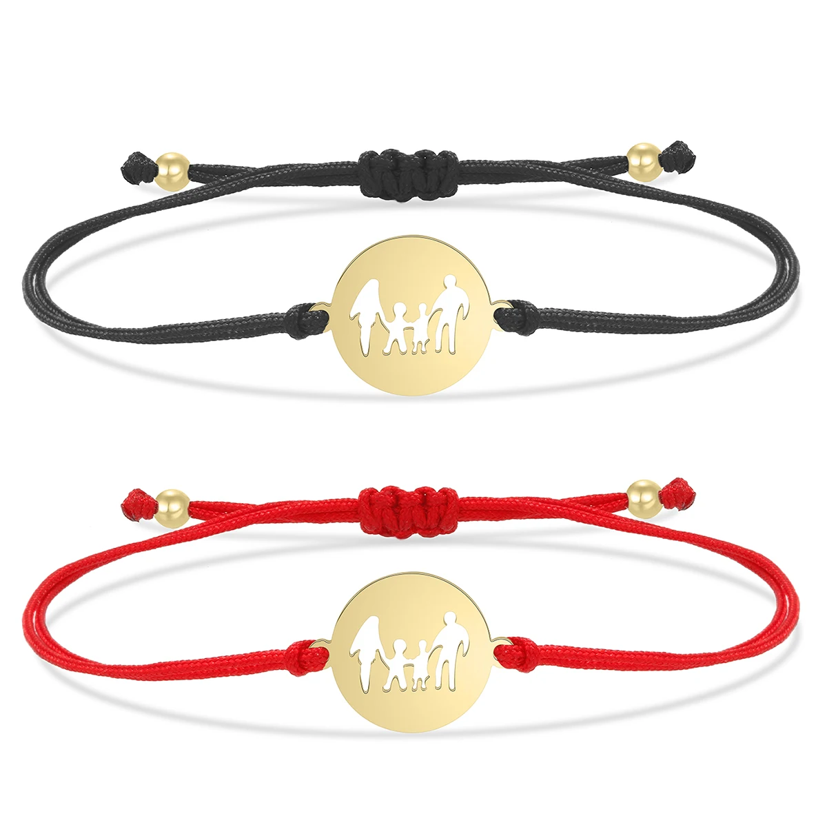 Gold-plated Stainless Steel Mirror Polish Hollow-out Family Of Four Charm Bracelet Women Red String Handmade Adjustable Jewelry