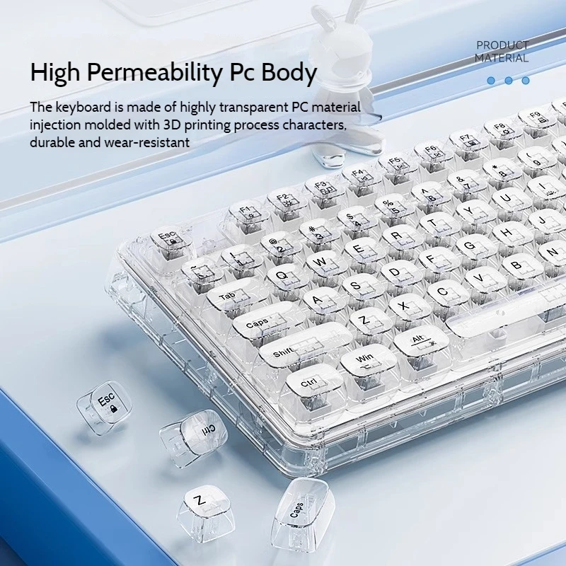 Transparent RGB Full-Color Backlight Bluetooth Wireless Keyboard 3-Mode Connection Long Battery Life Mute Mechanical Keyboard