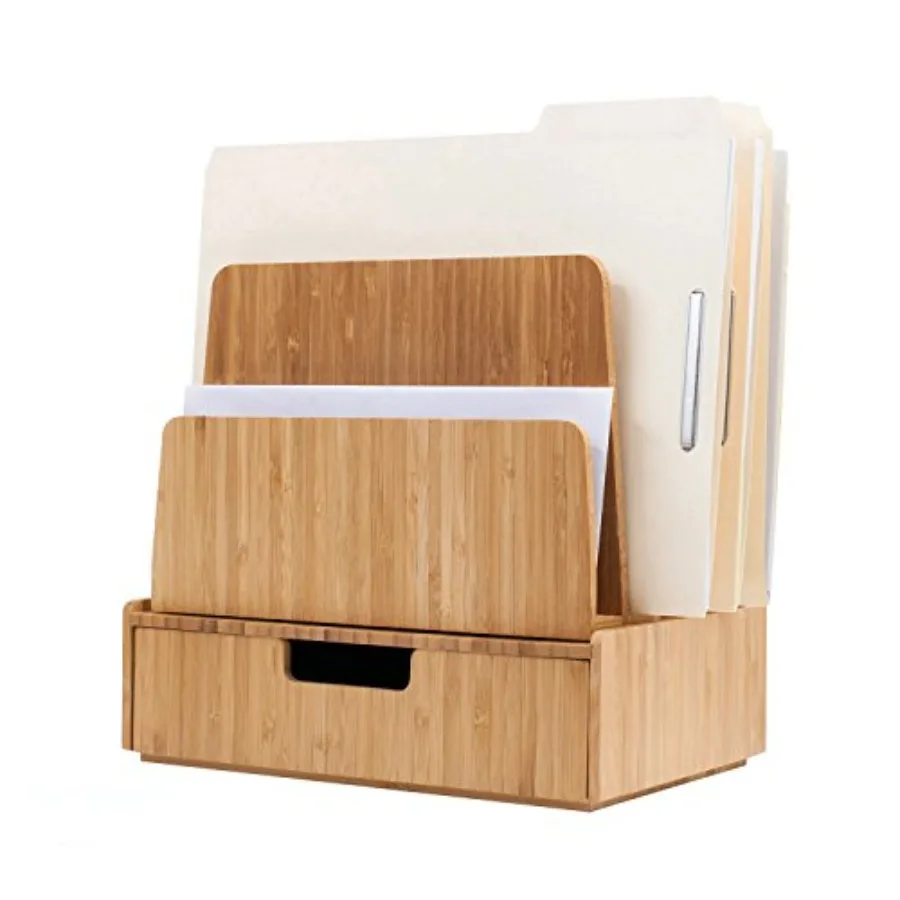 

Desktop Paper Tray File Folder Holder 5-Slot, and Bamboo Drawer Set; Storage for Office Supplies and Stationary items, pens, pe