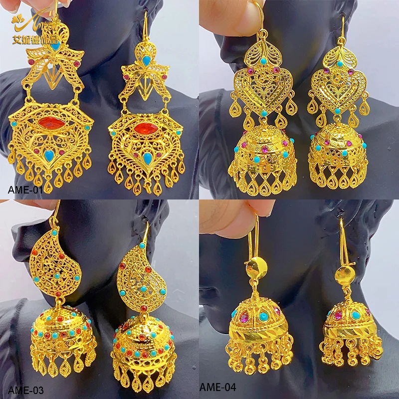 

ANIID Ethiopian Drop Earrings For Women Wedding 24k Gold Color Tassels Pendant Crystal Dubai Turkish Women Jewelry Bridal Gift