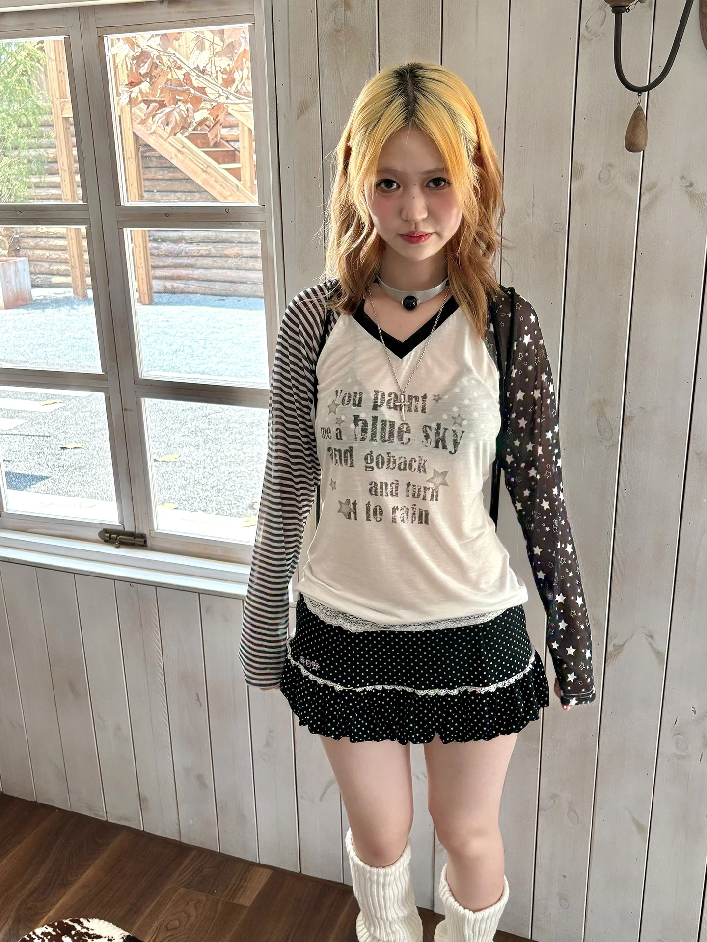 

Spring Field 【Pinqiu Small Monster Cover Up】 Autumn Star Splicing Lyocell V-ne Long Sve Women's T-irt Breathable