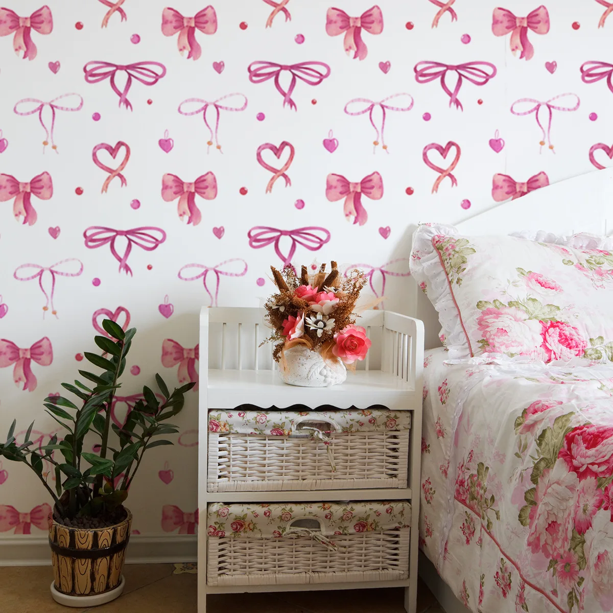 

Pink Bow Love Print Wallpaper Self Adhesive Waterproof Girls Bedroom Nursery Room Decal Contact Paper Kindergarten Mural