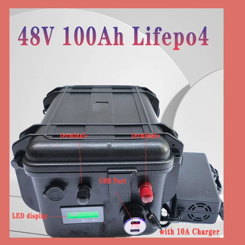 

Литиевая батарея LiFepo4, водонепроницаемая, IP67, 48 В, 100 Ач, BMS 16S для солнечной системы, инвертор, троллинговый двигатель, накопитель энергии, зарядное устройство RV + 10A