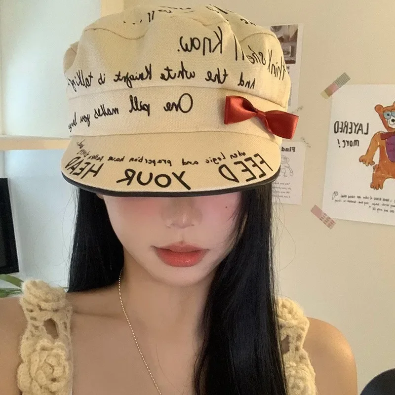 

Берет в стиле панк с корейским бантом - летняя плоская кепка газетчика для женщин, кепка большого размера в стиле инди-готика