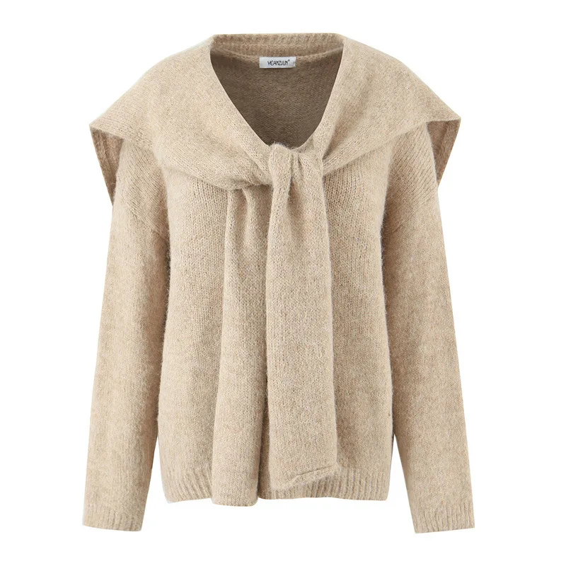 

Pullovers Women Shawl Sweaters Tops Full Sleeve Jumpers Y2k Streetwear Elegant Splice Knit Solid Casual Autumn Winter 2025