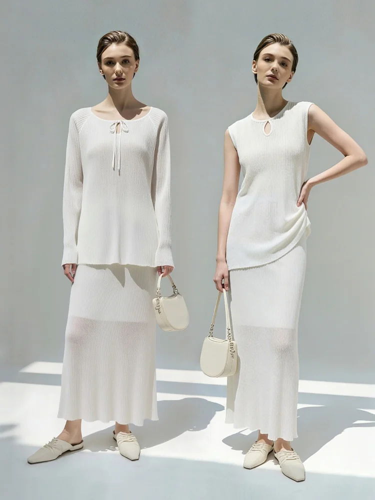 

Spring New Arrival Women's Knitted Vest Sweater Set with f Skirt Tee-Piece Suite Long Sve round Ne Polyester Fiber