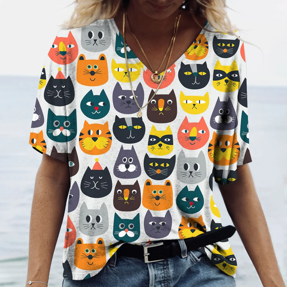 Fashion V-neck Women's T-Shirts Cartoon Cat 3D Printing Short Sleeve Tops Summer Loose Ladies Clothing Street Hip Hop Girl Tees view 4