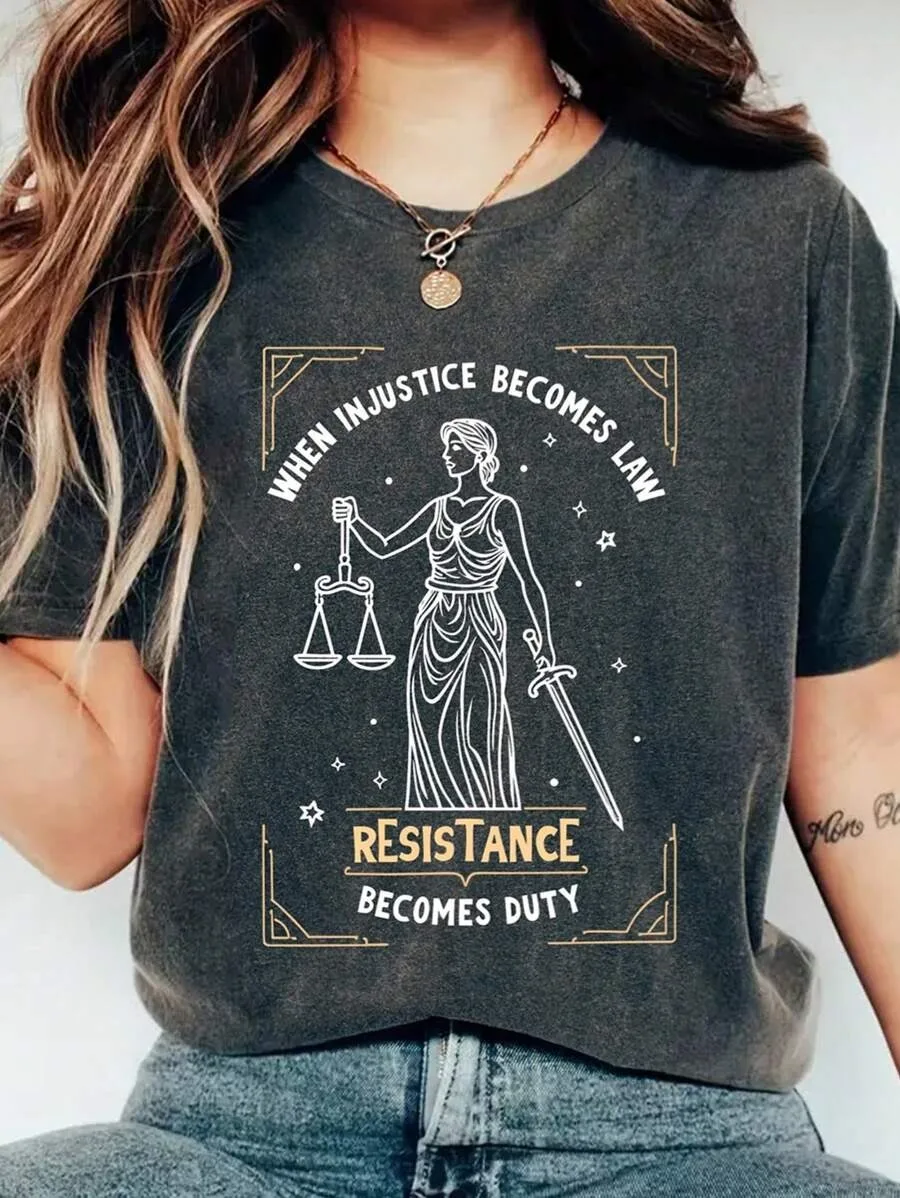 

Plus - Size Inspirational Justice Graphic Tee, Dark Grey Short - Sleeve with “Resistance Becomes Duty” Slogan