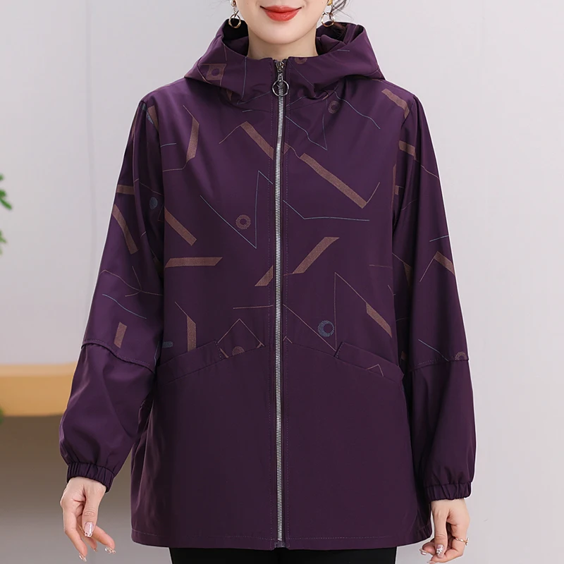 Plus Size Tops Middle Aged Woman Jackets Hooded Spring Autumn Zip-up Oversized Outerwear