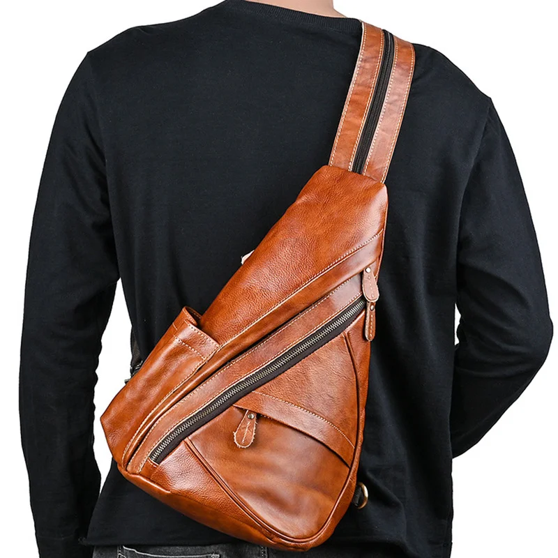 Men Genuine Leather Backpack Sling Cross body Chest Bag Retro Designer Real Cowhide Male Rucksack Crossbody Shoulder