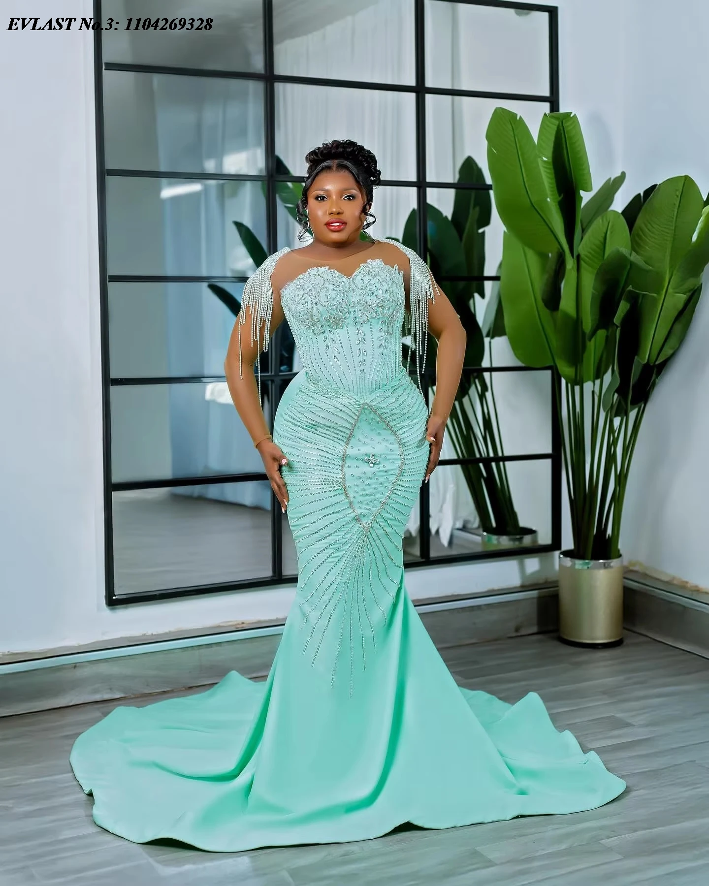 EVLAST Customized African Mint Mermaid Prom Dress Crystal Beading Formal Party Dress Aso Ebi Black Women Formal Gown E3P379