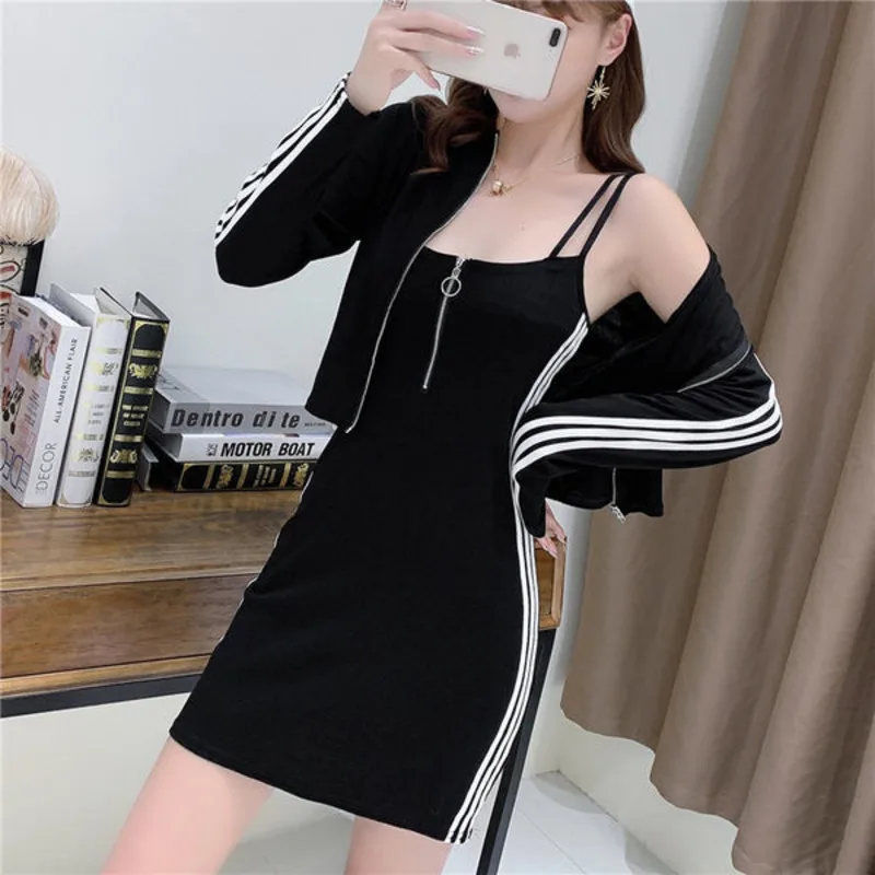 Women\'s Fashion Suit Spring Summer Sexy Slim Suspenders Dress 2022 Autumn New Long Sleeve Coat Crop Tops And Skirt Two Piece Set