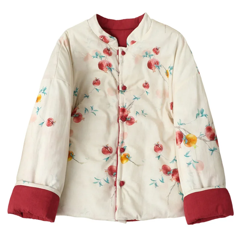 Women's Chinese Style Reversible Double Sided Cotton Quilted Coat Thick Print Long Sleeve Mandarin Collar Outwear Winter