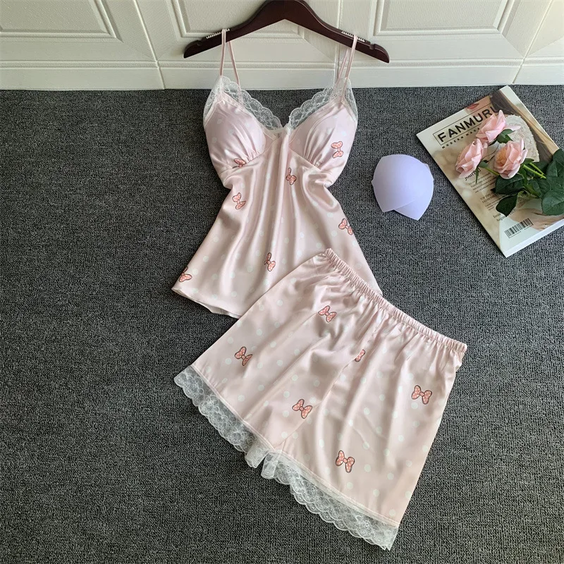 Sexy Women\'s Pajamas Set Satin Lace Edge Printed Suspender Shorts Two-Piece Sleepwear Loose Casual Home Clothes Nightwear