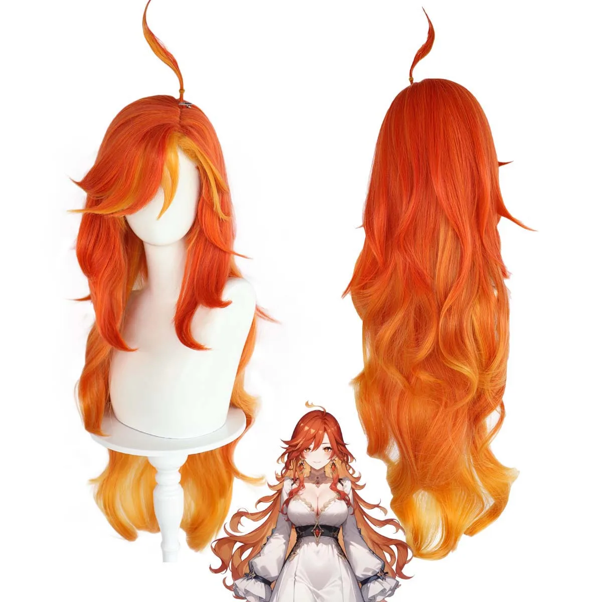 Game Genshin Impact Cosplay Mavuika Long Wavy Orange Yellow Gradient Wig