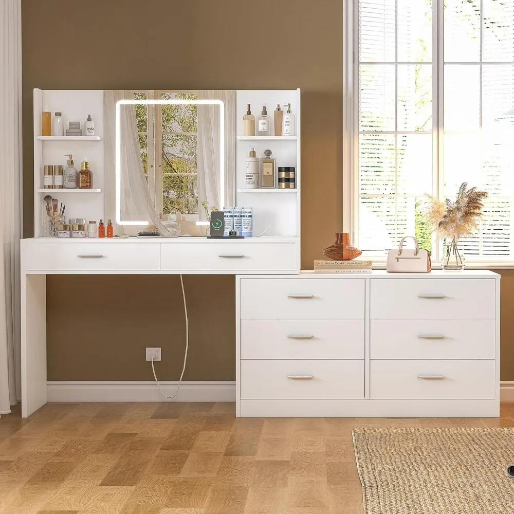

Vanity Makeup Desk with LED Light Mirror & Power Outlet, 8 Drawers, 6 Storage Shelves, 3 Color Modes & Adjustable Brightness
