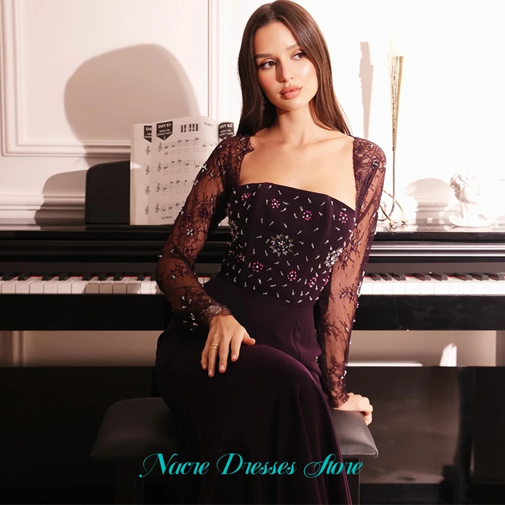 Customized Luxury Jersey Evening Dress Delicate Lace Long Sleeves Prom Dresses Modern Crystal Flowers Special Occasion Gowns