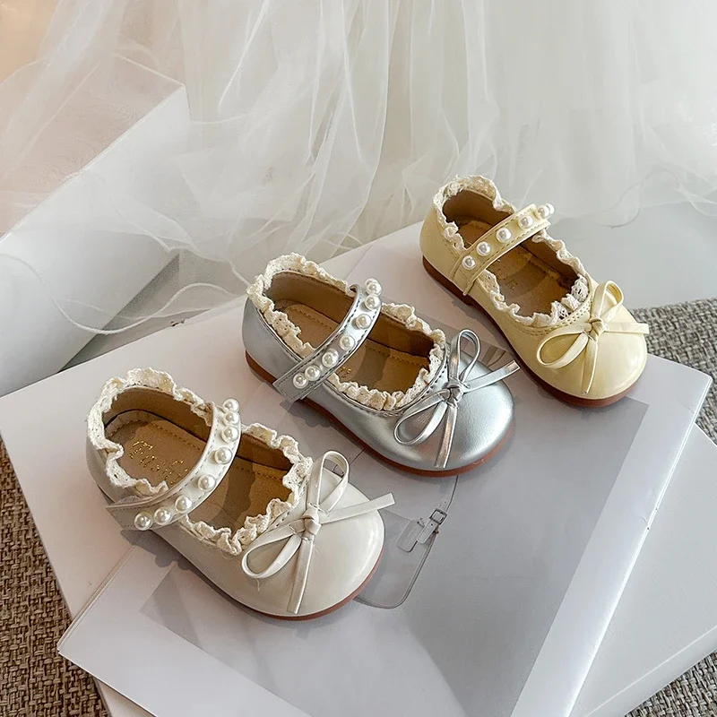 

Sweet Kids Leather Shoes Korean Style Girls Flat Shoes Round Toes Elegant 2025 Autumn New Children Princess Shoes Soft Bottom