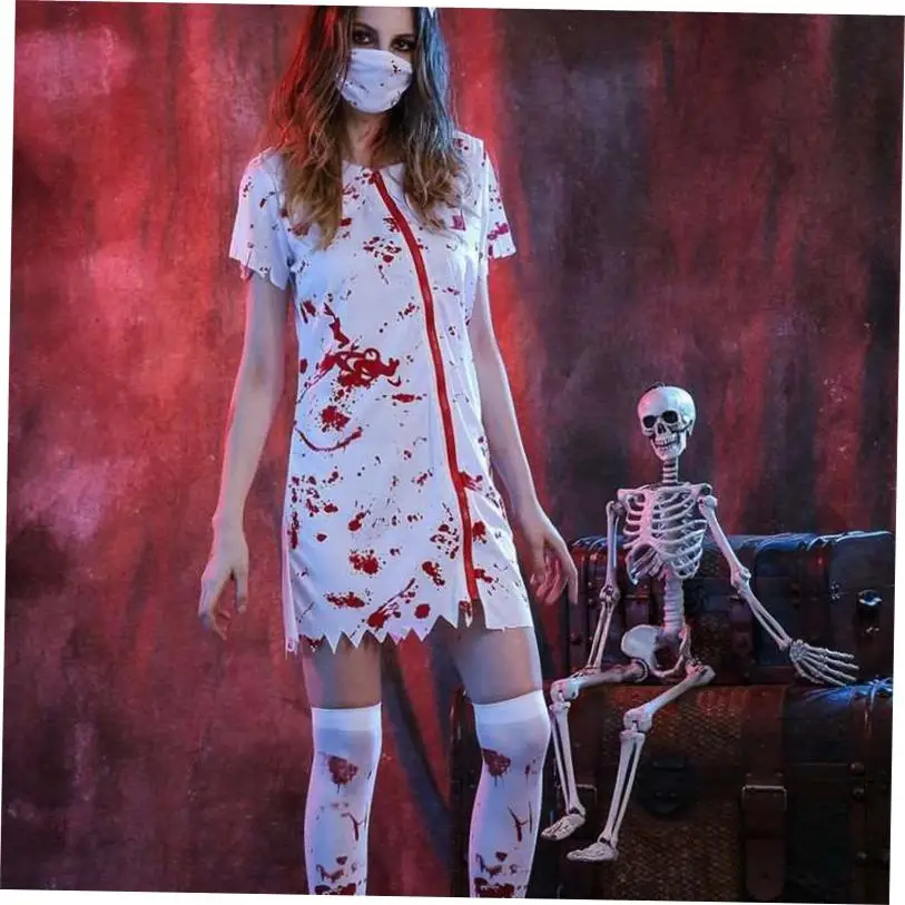 Halloween Horror Blutiges Krankenschwesterkostüm Zomb Damen Blumendruck Polyester Dr. Gruseliger Clown Thema Par Dr. Frühling