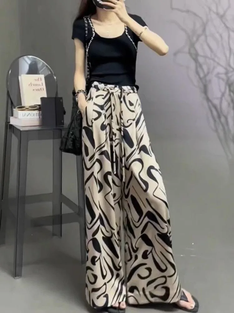 

Повседневные широкие брюки для женщин, летние, тонкие, новые, маленькие размеры, свободные, из ледяного шелка, брюки-юбка, с высокой талией, прямого кроя