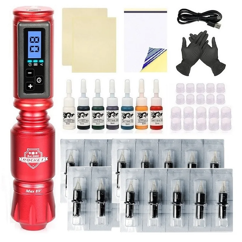 

Wireless Tattoo Kit Complete Mini Rocket Machine With 1200 mAh Battery Cartridge Needles Power Supply Inks Rotary Tattoo Pen Set