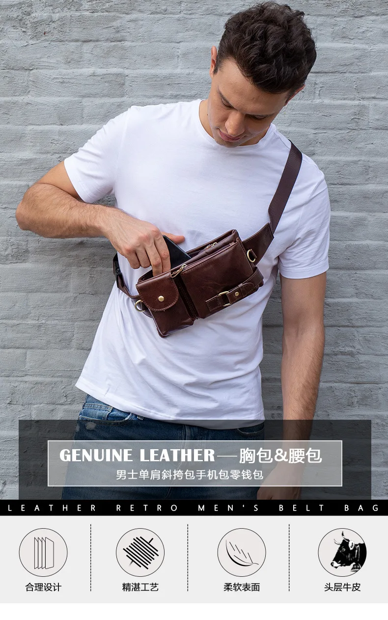 Cowhide Waist Fanny Pack Genuine Leather Slim Belt Bag Crossbody Bags with Adjustable Waistband for Men Women Bum Chest Bag