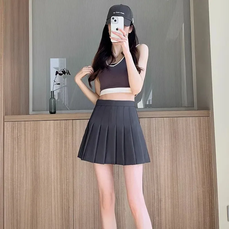 Women's Summer Skirt Short Solid Color Skirts High Waist A Line Pleated Skirt Black White Khaki Mini Skirt Grey Stretch Fabric