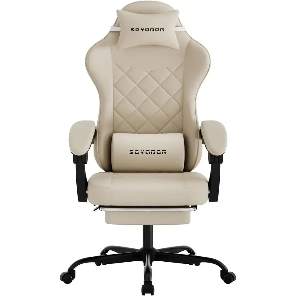 Silla giratoria ergonómica de respaldo alto con soporte lumbar para juegos y oficina, color beige