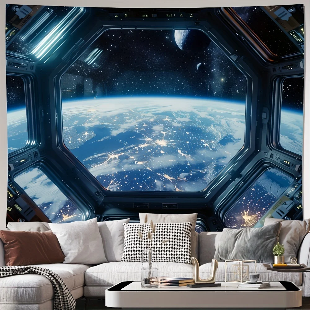 Premium Large Sci Fi Space Tapestry Earth View Galaxy Cosmic Wallpaper Futuristic Astronaut Window Decoration Wall Art Hanging