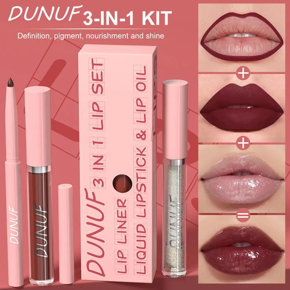 Matte 3 In 1 Lip Liner + Lip Gloss + Lip Oil Makeup,long Lipstick Nude Lasting Highly Tint Pigmented Cup Velvet Non-stick S D9h2