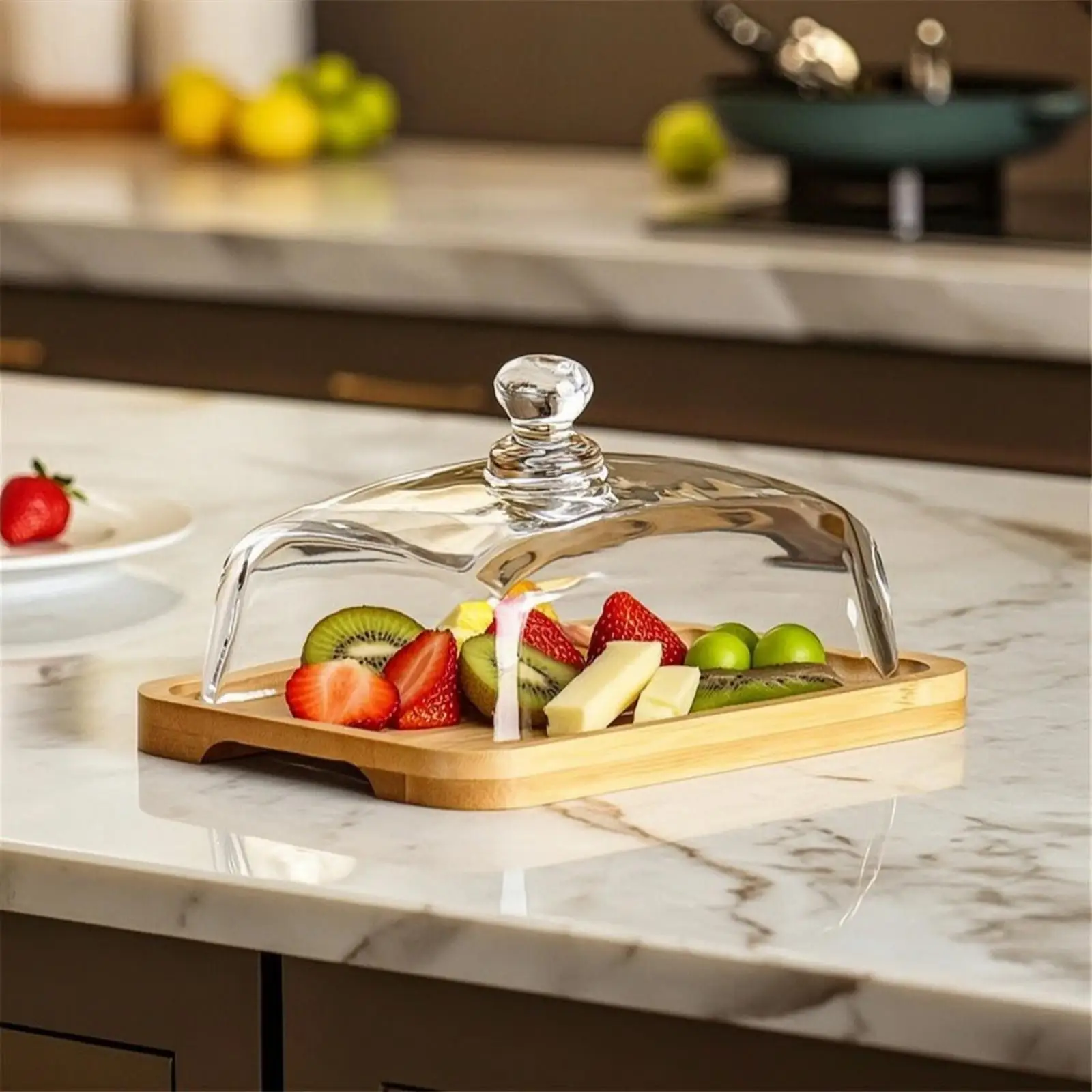 Rectangular Dessert Plate Bamboo Tray with Raised Edges Transparent Glass Lid Butter Dish Pretty Tray for Food Display