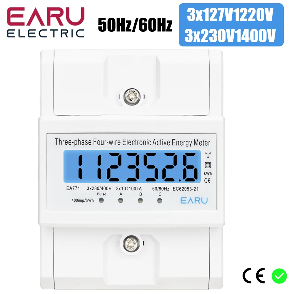 Din Rail 380V 3 Phase 4 Wire Energy Meter Power Consumption Monitor kWh Meter Wattmeter Bivolt 100A AC 50Hz 60Hz LCD Backlight