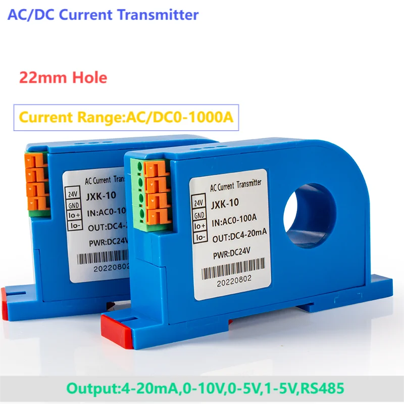 DC Current Transmitter 0-600A AC Current Sensor Transmitter 4-20mA 0-10V RS485 22mm 300A 200A 400A AC/DC Current Transducer