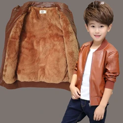 Plus Velvet Warm Autumn Winter Leather Jacket For Boys Coat Fashion Waterproof Children Outerwear 2-13 Year Teenage Kids Clothes