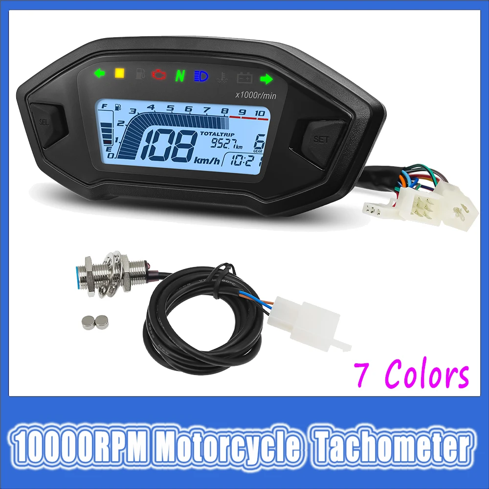 Universal10000RPM Motorcycle Digital Speedometer Tachometer Odometer Motor Dashboard 7 colors LED Display Instrumentation Panel