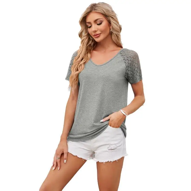 ゆったりとしたカジュアルな女性のパッチワークメッシュ半袖Tシャツ快適で通気性のあるコットントップファッショナブルな通勤スタイル